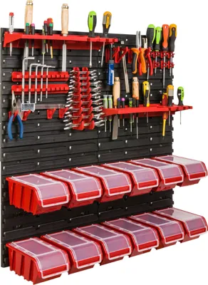 Produktbild von Lagersystem Werkstattregal | 78 x 78 cm | 12 stck. Box | Wandregal mit Werkzeughalterungen und Stapelboxen - Wandplatten Extra Starke Schüttenregal Warkzeuglochwand Lagerregal Garage Regal