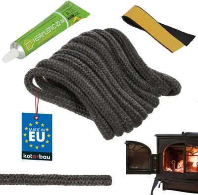A collection of items for sealing a wood-burning stove, including a tube of adhesive, a roll of sealing rope, a strip of adhesive tape, and a small wood-burning stove with its door open.