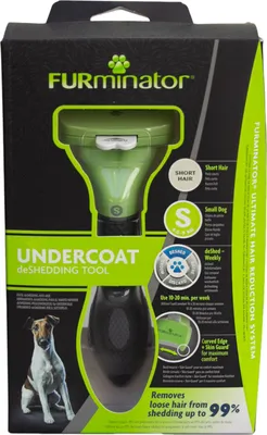 The image shows the packaging of a FURminator deShedding tool for small dogs with short hair.