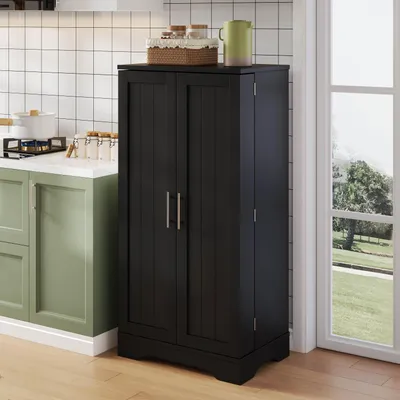 Produktbild von Flieks Küche Hochschrank mit LED, 2-türiger Schrank mit verstellbaren Regalböden & Türablagen, Küchenschrank für Küche, 60x40x120 cm, schwarz
