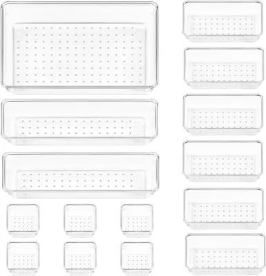 Produktbild von 15 Stücke Schubladen Ordnungssystem mit 4 Größen, Schubladen Organizer, Klar Kunststoff Organizer Schublade, Schminktisch Organizer Einsetzbar für Makeup Organizer, Küchen, Bad, Büro