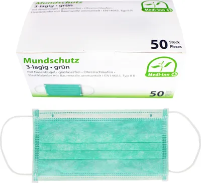 Produktbild von Medi-Inn® 50 "Medi-Inn®" Mundschutz Type IIR 3-lagig 9 cm x 17,5 cm grün mit Nasenbügel und Elastikbänder | Faltschachtel (50 Stück)