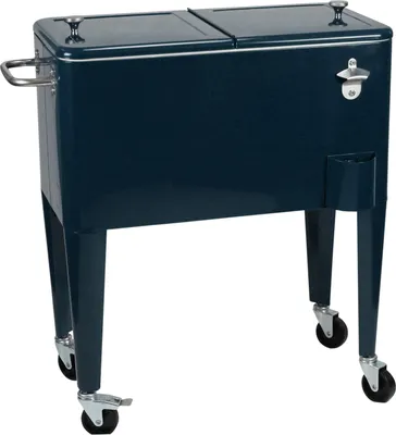 A dark blue cooler with a stand and wheels, shown against a white background.