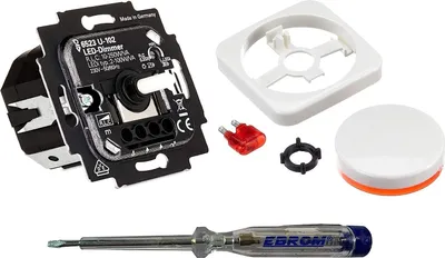 Produktbild von Busch Jäger 6523U-102 LED-Drehdimmer LED-Dimmer mit Dimmerscheibe Zentralplatte 2115-214 in Reflex Si alpinweiß glänzend inklusive EBROM Phasenprüfer zur Montage des Dimmers (6523 U – 102)