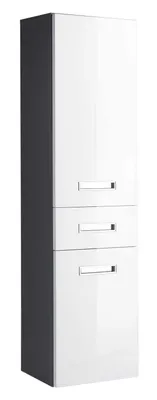 A tall, narrow cabinet with a dark gray side and white front, featuring three drawers with silver handles.