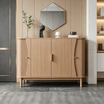 Immagine prodotto di Mobile contenitore largo 140 cm, realizzato in MDF con finitura effetto legno naturale, dotato di 2 ante scorrevoli e di un ripiano interno regolabile, ideale per il soggiorno o l'ingresso