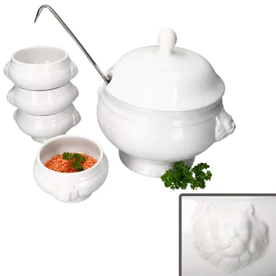 Produktbild von 5tlg Set LEO Löwenkopf-Terrine mit & ohne Deckel 2L 0,25L weiß Suppen-Schale