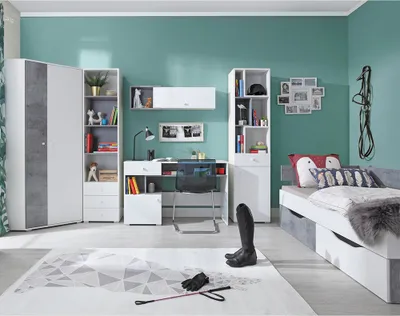 Produktbild von Jugendzimmer Set 6-teilig SEATTLE-133 mit Jugendbett 120x200cm in Beton und weiß