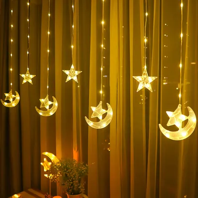 Produktbild von 2.3m LED Stern Mond Lichterkette Lichtervorhang Batteriebetrieben Innen Party Weihnachten Deko, Warmweiß