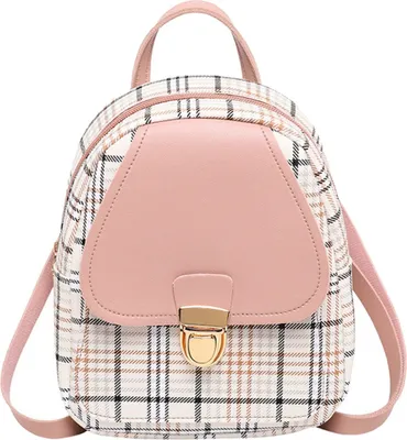 Produktbild von Kleiner Rucksack für Damen, süßes Karomuster, Metallschnalle, Mini-Tasche, Reiserucksack für Mädchen, Rosa, 19 Zoll