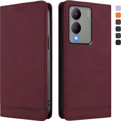 Obrázek produktu pro Pouzdro pro Vivo Y17S, retroPolyuretankožené flip pouzdro s stojánkem a přihrádkami na karty Červený
