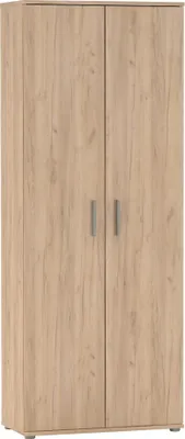 A front view of a two-door cabinet with a wood grain finish.
