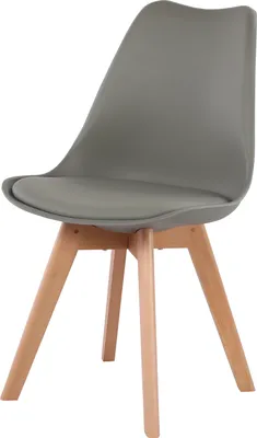 A single gray chair with wooden legs is shown against a white background.