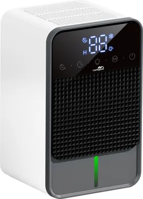 A white and gray dehumidifier with a digital display and black textured front panel, shown from a slightly angled front view.