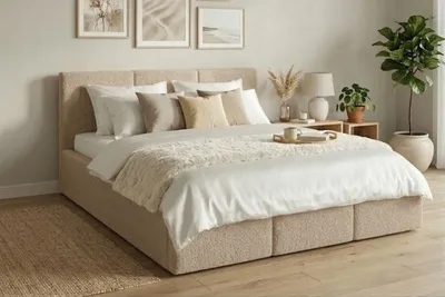Produktbild von Komvortowy | Polsterbett 160x200 Cm | VELIS BOUCLÉ | Doppelbett Mit Metall-Lattenrost & Gasdruckfeder | BEIGE | Bettkasten Ohne Bodenplatte | Stauraumbett | Hochklappbar