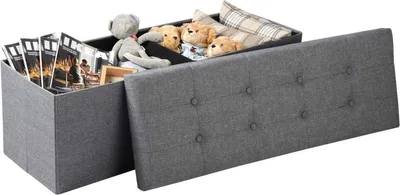 Zdjęcie produktu dla Happyment luksusowa ławka do przechowywania Juda - Ławka / stołek z miejscem do przechowywania - Stołek - Jasnoszary - Tkanina i MDF - 110x37,5x38 cm