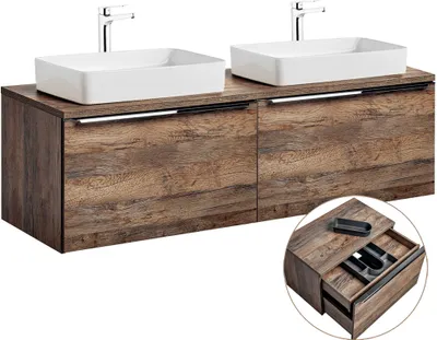 Produktbild von Doppelwaschtisch-Unterschrank 160cm mit 2 Keramikbecken PUEBLA-56 in Vintage Oak, B/H/T ca.: 160,4/59,5/46 cm