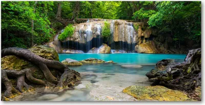 Produktbild von Tulup® Glas-Bild - 100x50 -Wandkunst - Wandbild hinter gehärtetem Sicherheitsglas  - Landschaften - Wasserfall im Wald - Mehrfarbig