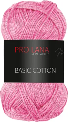 A ball of pink yarn with a black label.