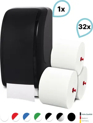 Produktbild von SET: 1x Toilettenpapierspender Doppelrollen Blanc Cosmos verschied. Farben + 32 Toilettenpapierrollen Long Life 3L - PRODUKTSET : Farbe - Schwarz Farbe: Schwarz
