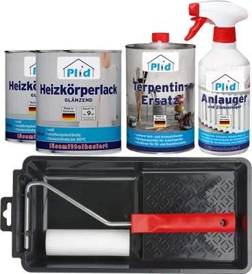 Produktbild von Plid Heizkörperlack Set 1,5L Weiß Glänzend + Lackierset, Anlauger , Terpentinersatz