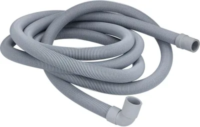 A coiled gray drain hose with a right-angle connector at one end and a straight connector at the other, lying on a white background.