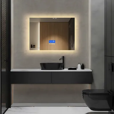 Produktbild von Badspiegel mit LED Beleuchtung - 100 x 60cm, , Touchschalter, Dimmbar 3in1 Kaltweiß Neutral Warmweiß, Digitaluhr, Kosmetikpiegel - Badezimmerspiegel, Lichtspiegel, LED Spiegel