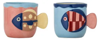 Image de Tasses Bloomingville WILLY rose et bleu avec POISSON, lot de 2 tasses à anse