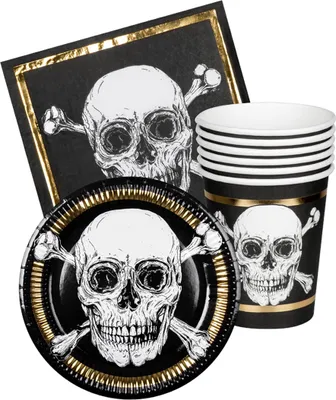 Immagine prodotto di Set di stoviglie Pirati per 6 persone, 3 pezzi, decorazioni per feste in bianco e nero -