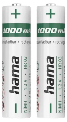 Obrázok produktu pre Hama 00223523, Nabíjateľná batéria, AAA, Nikel-Metal Hydrid (nimh), 1,2 V, 2 kusov, 1000 mAh