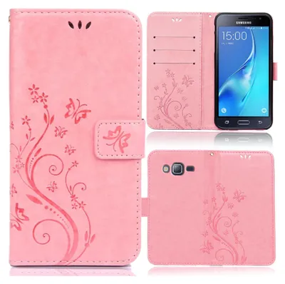 A collage of images showing a pink phone case with a floral and butterfly design, including a view of the case open with a phone inside, and a view of the back of the case.