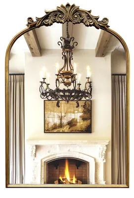 Produktbild von Bogenförmiger Spiegel im Antik-Stil - Wandspiegel - Vintage Metallrahmen mit Relief - Patinierte Optik - Deko für Bad und Schlafzimmer - Gold