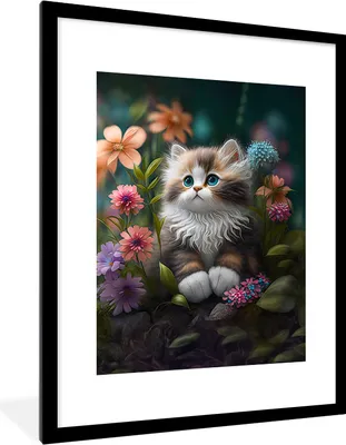 Produktbild von MuchoWow® Gerahmtes Poster Kätzchen - Illustration - Blumen - Natur - Katze 60x80 cm - Poster mit Schwarzem Bilderrahmen Wandposter Rahmen Foto Bilder - Wohnzimmer - Dekorationen - Prämie