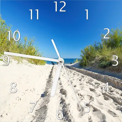 Produktbild von Wallario Design Wanduhr Auf dem Sandweg zum Strand - Blauer Himmel über dem Meer aus Echtglas, Größe 20 x 20 cm