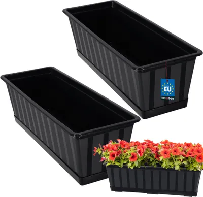 Produktbild von KOTARBAU® 2er Set Blumenkasten Blumentopf für Balkon 50 x 18 x 14 cm Anthrazit Balkonkasten Balkongeländer Pflanzkasten mit Untersetzer aus Kunststoff Rechteckig