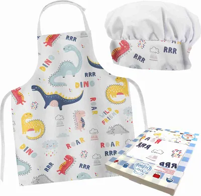 Produktbild von DOMAREX Küchenschürze für Kinder + Kochmütze Set, 100% Baumwolle, ideales Geschenk für kleine Köche, verstellbar, bunte Designs -Dino