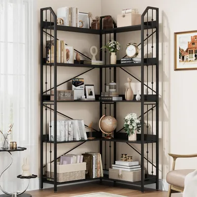 Immagine prodotto di Libreria a 5 ripiani, scaffale angolare, 183 cm, legno e metallo, colore nero