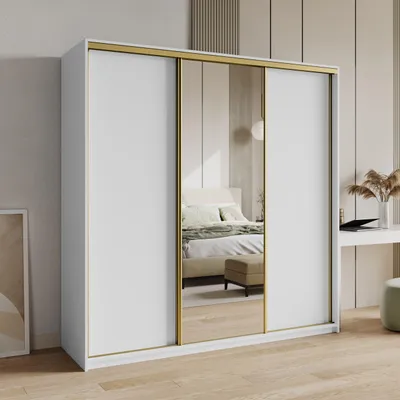 Produktbild von Masseno Schiebetürenschrank TAVI 180/205/60 cm Kleiderschrank mit 4 Schubladen Schlafzimmer Schrank 3-türig mit Spiegel Weiß