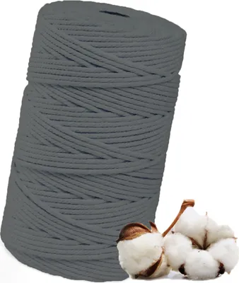 Zdjęcie produktu dla Przędza do makramy 3 mm x 100 m, bawełniana przędza do majsterkowania | bawełniany sznurek do robienia na drutach | bawełniana lina do zawieszania na ścianie i wieszania roślin (szara - 3 mm x 100 m)