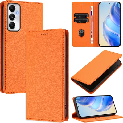Produktbild von Litchi Leder Handyhülle für Samsung Galaxy A05S Wallet Kartenfächer Standfunktion Hülle Orange