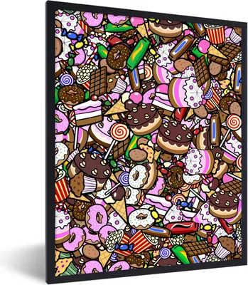 Produktbild von MuchoWow® Gerahmtes Poster Süßigkeiten - Design - Schokolade - Kuchen - Lutscher - Kinder 60x80 cm - Poster mit Schwarzem Bilderrahmen Wandposter Rahmen Foto Bilder - Premium - Wanddeko Wohnzimmer