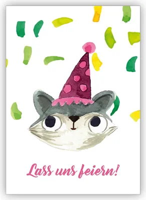 Produktbild von 4x Fröhliche gemalte Einladungskarte mit Party Katze zum Übertritt, Einschulung, Geburtstag und was es noch zu feiern gibt: Lass uns feiern