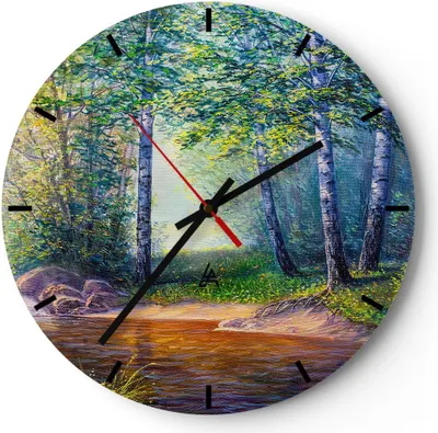Produktbild von Wanduhr - Rund - Glasuhr - Wiese Wasser Baum - 40x40cm - Schleichendes Uhrwerk - Lautlos - zum Aufhängen bereit - Dekoration Modern - Wanddekoration aus Glas - C3AR40x40-4063