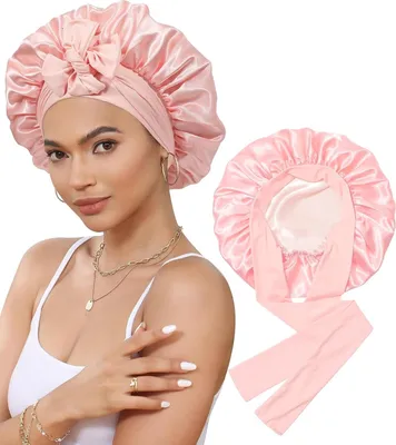 Produktbild von Stück Schlafmütze Satin,Satin Bonnet, Verstellbare Seidenkapuze., Kopfbedeckung Weiche Kopfhaube,Schlafmütze Damen und Mädchen,Satin Haube Schlafen(Rosa)