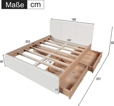 Image de OKWISH Lit avec rangement 180x200 cm - 2 tiroirs - Sans matelas - Blanc