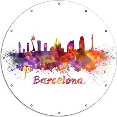 Produktbild von Wallario rundes Outdoor-Poster für Garten oder Balkon, Motiv Städte als Aquarell - Skyline von Barcelona, 120 cm Durchmesser