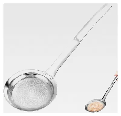 Produktbild von Küchensieb aus Edelstahl, Feinmaschensieb mit 12 cm Durchmesser, 34 cm Rundsieb, mit Aufhängeloch, für Backen, Kochen, Mehl und Eiweißtrennung, Silber