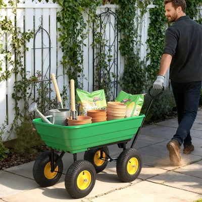 Produktbild von Gartenwagen mit Kippfunktion, Transportwagen, Stahl, Dunkelgrün | 109x52x94 cm | 200 kg | 75 L Kunststoffwanne | Luftbereifung