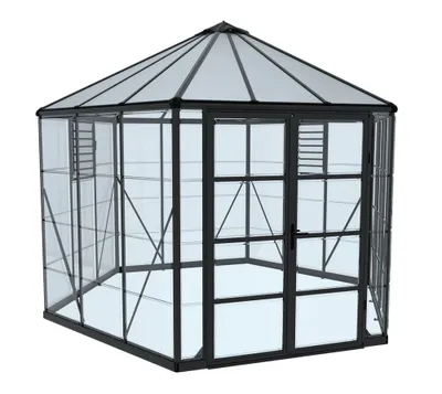 A hexagonal greenhouse with an anthracite frame and clear glass panels, shown from a slightly elevated diagonal angle against a white background.