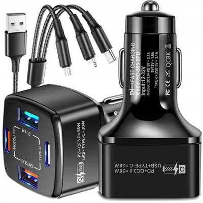 Zdjęcie produktu dla Szybka Ładowarka Samochodowa Do Telefonu Kabel 4W1 Usb-C Lightning Usb Qc